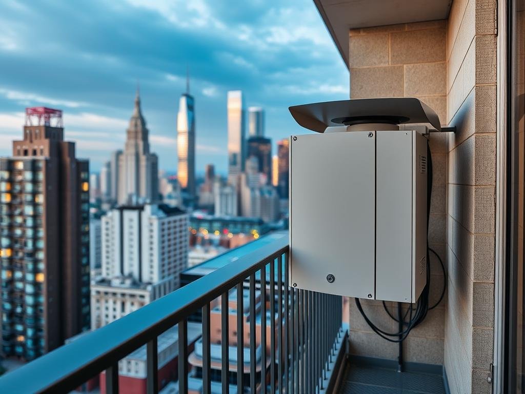 Genera un'immagine di una B-BOX installata su un balcone cittadino