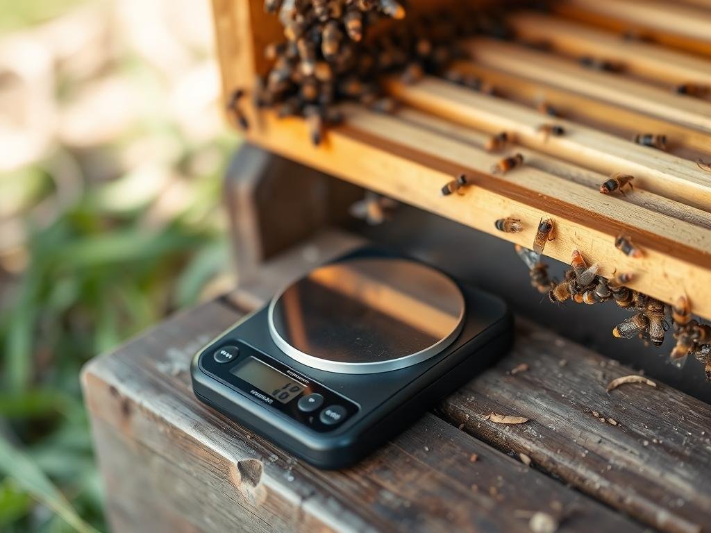 Genera un'immagine di una bilancia elettronica sotto un alveare