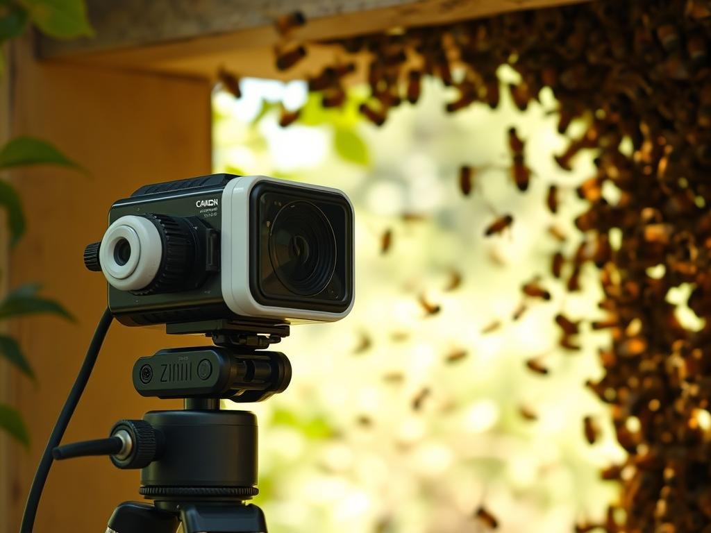 Genera un'immagine di una telecamera con visione artificiale vicino all'ingresso di un alveare