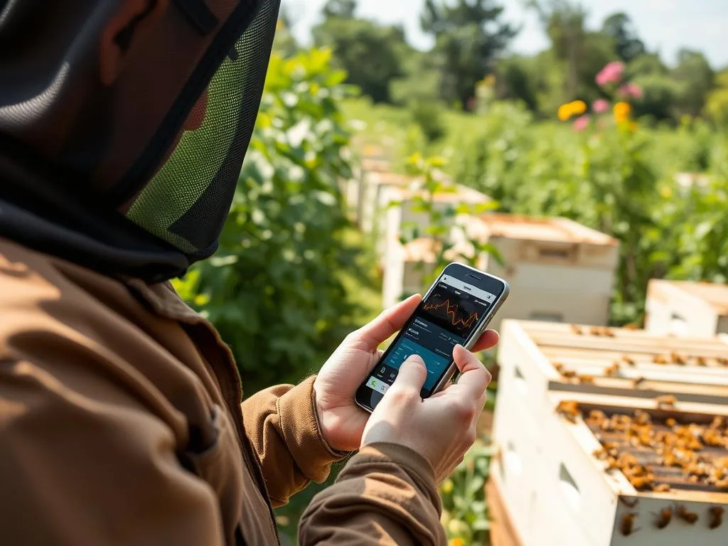 Genera un'immagine di un'apicoltore che controlla i dati dei sensori sul proprio smartphone