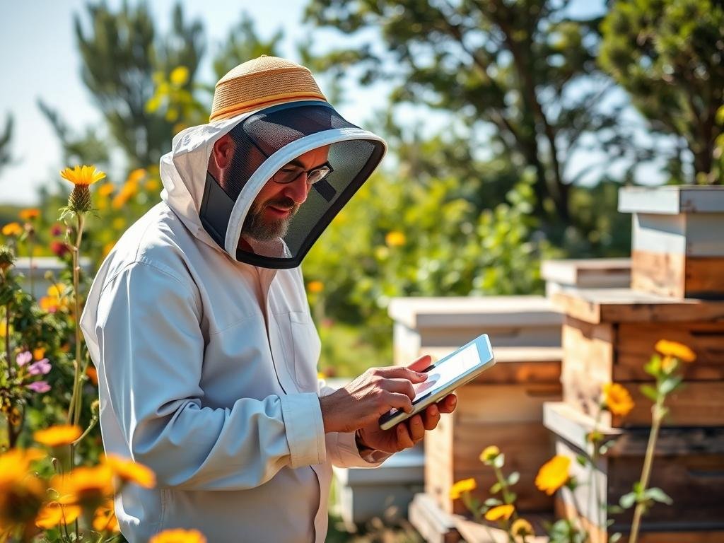 Genera un'immagine di un'apicoltore che controlla i dati dell'arnia su un tablet.