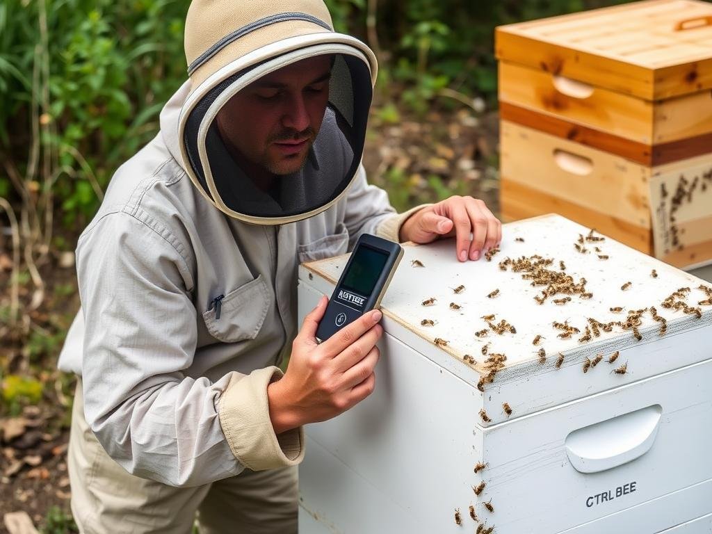 Genera un'immagine di un'apicoltore che installa il dispositivo Ctrl-Bee GPS su un'arnia.