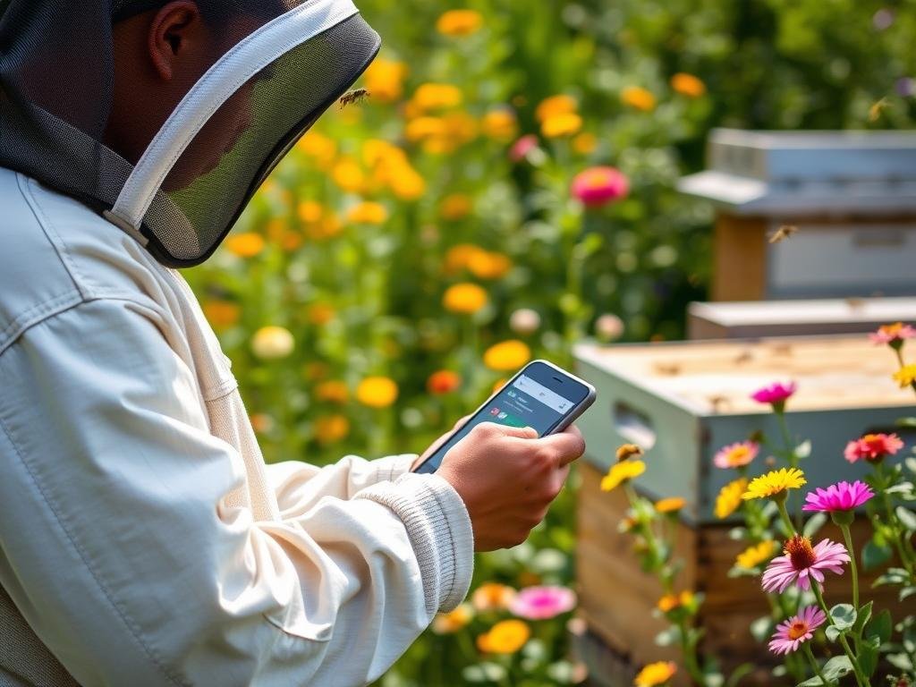 Genera un'immagine di un'apicoltore che utilizza l'app BeeSecure sul proprio smartphone per monitorare le arnie.