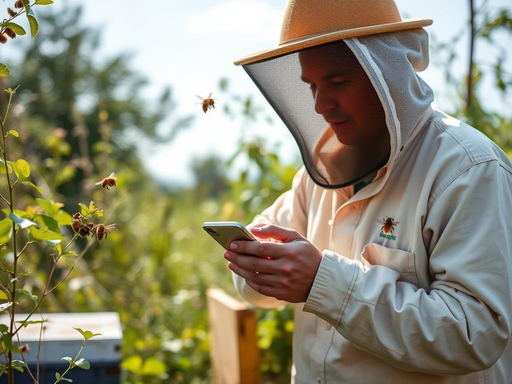 Genera un'immagine di un'apicoltore che utilizza un'app per monitorare le condizioni dell'alveare Genera un'immagine di un'apicoltore che utilizza un'app per monitorare le condizioni dell'alveare
