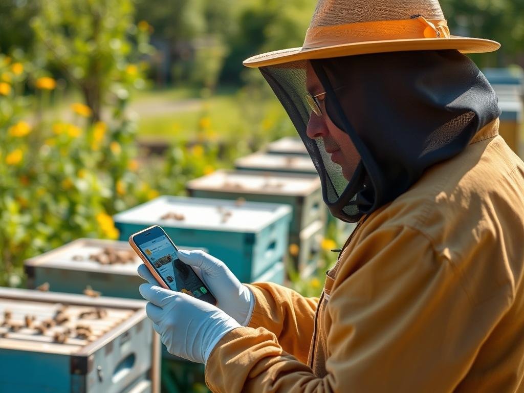 Genera un'immagine di un'apicoltore che utilizza un'applicazione mobile per monitorare gli alveari