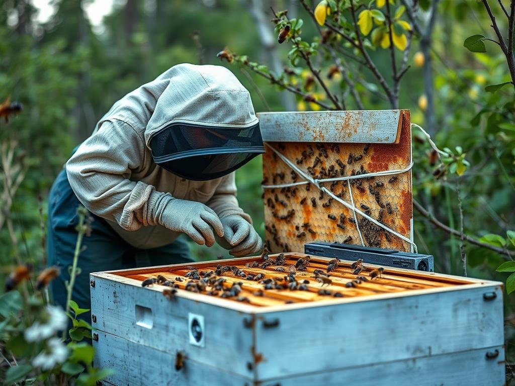 Genera un'immagine di un'apicoltura con arnie intelligenti