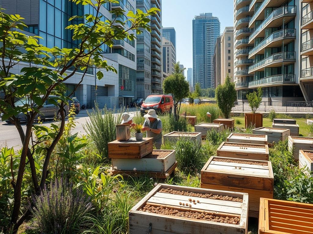 Genera un'immagine di un'apicoltura urbana con tecnologie sostenibili
