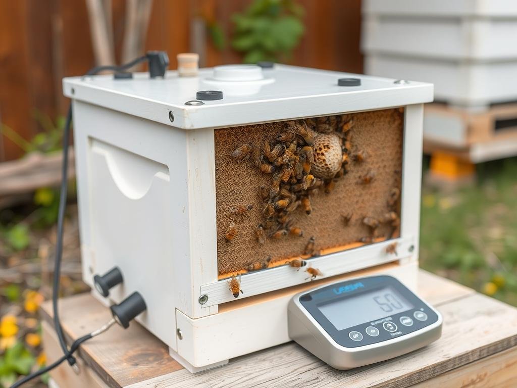 Genera un'immagine di un'arnia digitale con sensori e bilancia