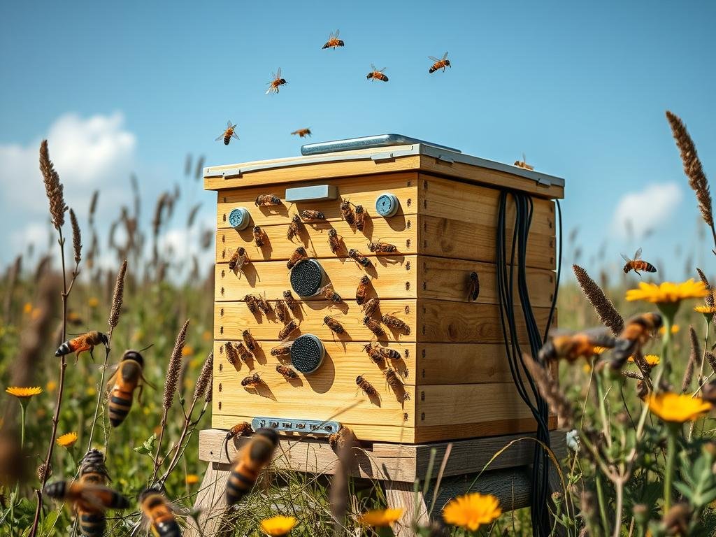 Genera un'immagine di un'arnia intelligente con sensori