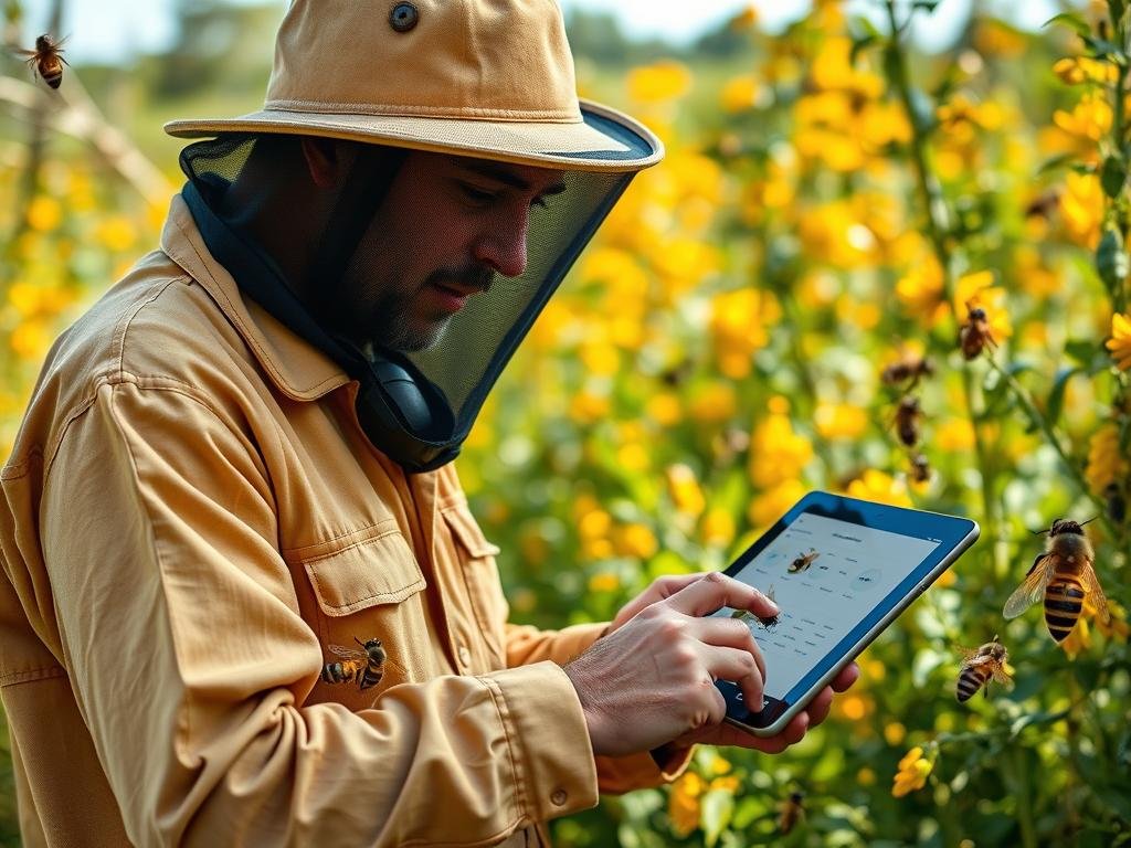 Generazione di un'immagine che rappresenta un apicoltore che utilizza un tablet con un software di gestione apistica Generazione di un'immagine che rappresenta un apicoltore che utilizza un tablet con un software di gestione apistica