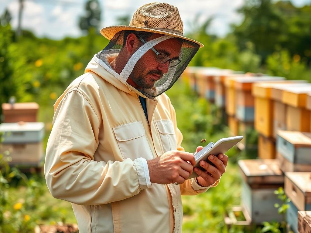Generazione di un'immagine che rappresenta un apicoltore che utilizza un tablet con un'applicazione di gestione apistica