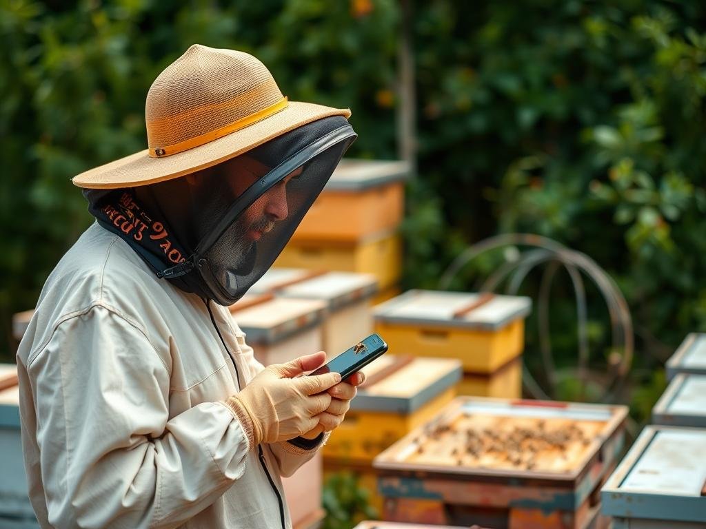 Generazione di un'immagine che rappresenta un apicoltore che utilizza un'app per gestire gli alveari