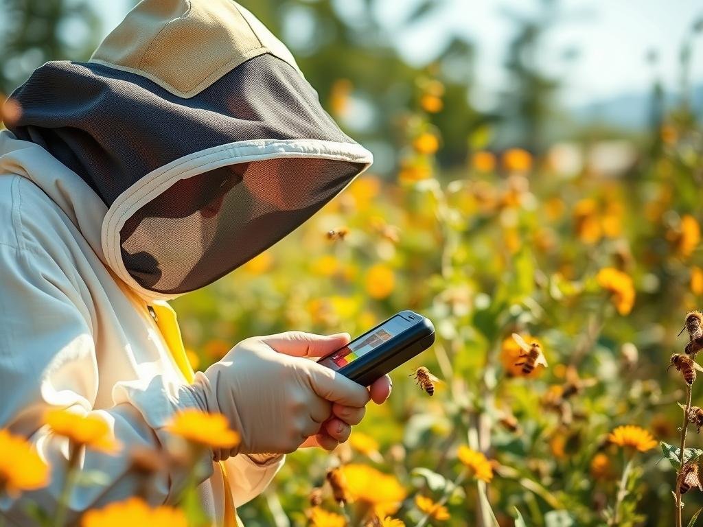 Generazione di un'immagine che rappresenti un apicoltore che utilizza un dispositivo digitale per monitorare lo stato di salute delle sue api.