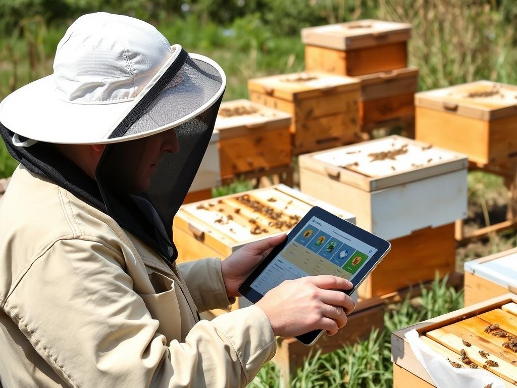 Generazione di un'immagine che rappresenti un apicoltore che utilizza un tablet con un'app per la gestione degli alveari