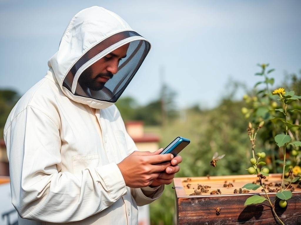 Generazione di un'immagine che rappresenti un apicoltore che utilizza un'app per gestire le visite e i trattamenti nell'apiario