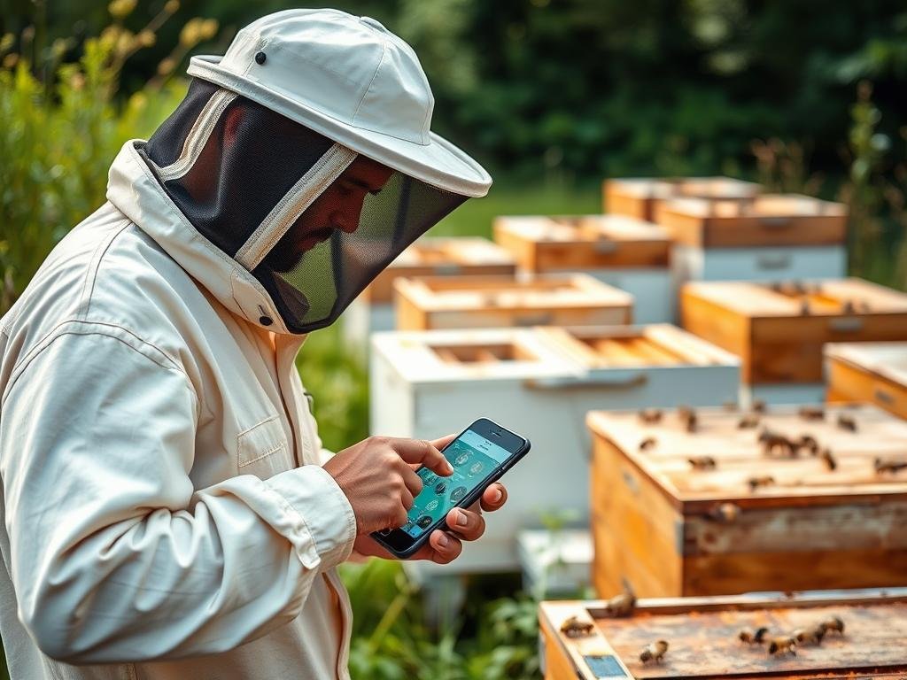 Generazione di un'immagine che rappresenti un'apicoltore che monitora le arnie tramite un'applicazione mobile