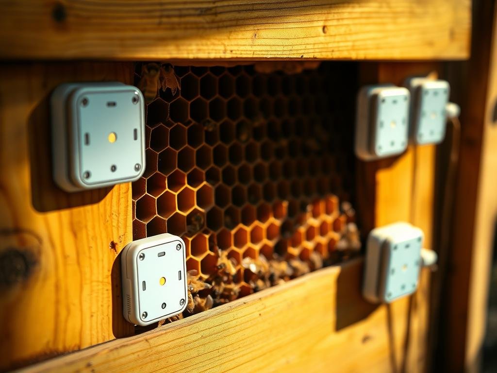 High-resolution, detailed image of carbon dioxide sensors in beehives. A closeup view of multiple electronic sensors mounted on the inner walls of a wooden beehive, with a honeycomb structure visible in the background. The sensors are sleek and modern-looking, with discrete LED indicators. The lighting is warm and natural, casting soft shadows. The overall mood is one of scientific observation and technological integration within the natural world of the beehive. APICOLTURA BORVEI MIELE