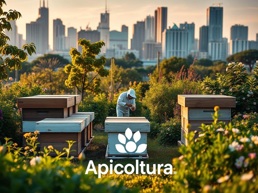 High-resolution image of an urban beekeeping scene, showcasing the Apicoltura brand. The foreground depicts a group of beehives nestled among lush greenery, with city skyline in the background. Warm lighting illuminates the scene, creating a serene and inviting atmosphere. The middle ground features a beekeeper tending to the hives, surrounded by a diverse array of flowering plants and trees. The background showcases a vibrant, modern cityscape, highlighting the integration of nature and urban living. The overall composition emphasizes the harmony between Apicoltura and the urban environment, conveying the benefits of urban beekeeping for both the community and the environment.