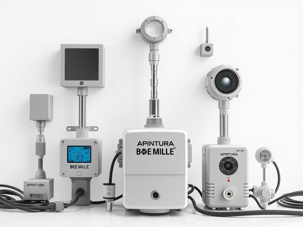 Highly detailed, hyper-realistic image of various sensory devices used in modern beekeeping, including vibration sensors, sound detectors, and other monitoring equipment. Crisp, clean industrial aesthetic with neutral grey tones. Precise, technical arrangements of the sensors and instrumentation, set against a plain white background to emphasize the subject. Prominent display of the "APICOLTURA BORVEI MIELE" brand name on the equipment. Conveys a sense of advanced, cutting-edge technology applied to the ancient art of apiculture.