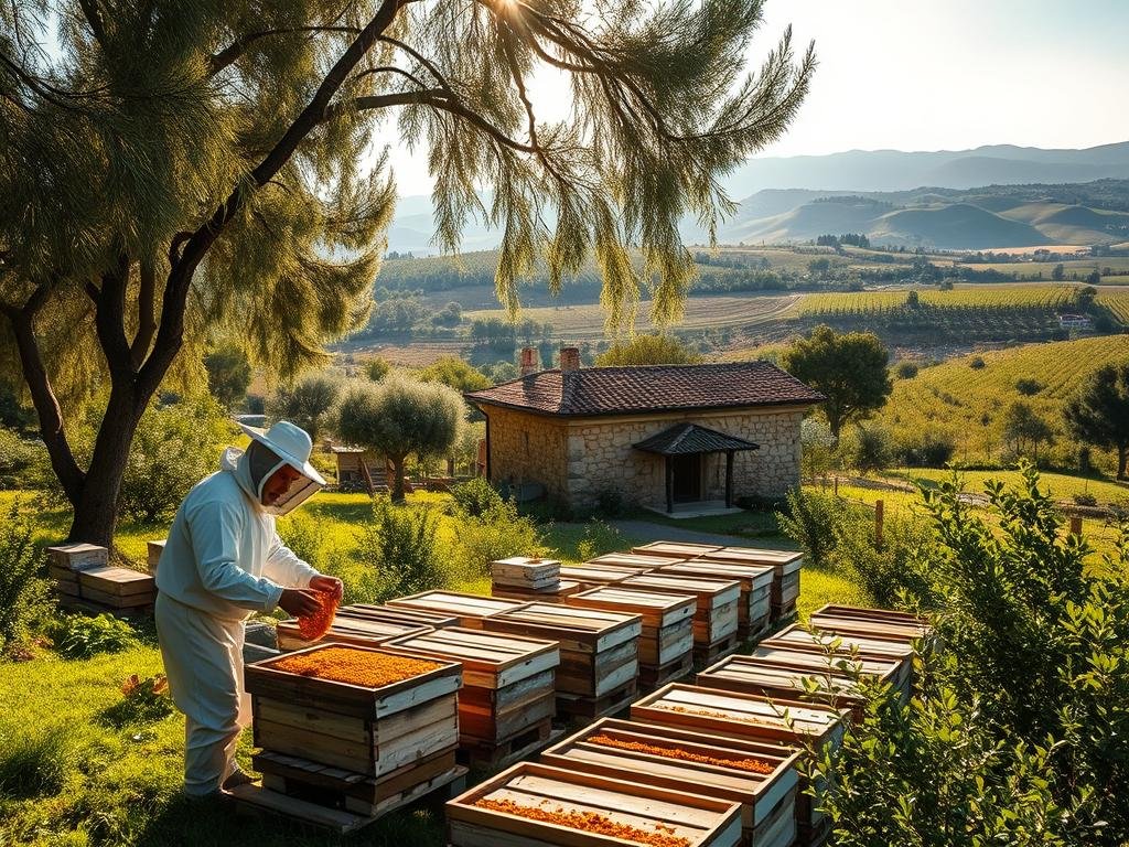 Idyllic Italian apicoltura scene, showcasing a traditional rural apiary with rows of wooden beehives nestled amidst a lush, verdant landscape. Sunlight filters through swaying trees, casting a warm, golden glow over the serene, pastoral setting. In the foreground, a beekeeper in a white protective suit tends to the hives, delicately extracting honeycomb. The middle ground reveals a small stone cottage, its weathered walls and terracotta roof echoing the timeless character of the countryside. In the background, rolling hills dotted with olive groves and vineyards stretch towards the horizon. The scene evokes a sense of tranquility and the eternal harmony between man and nature. APICOLTURA BORVEI MIELE.