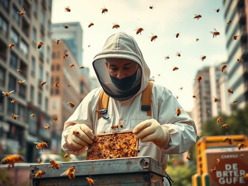 Immagina di creare un'immagine che rappresenti un apicoltore urbano all'opera.