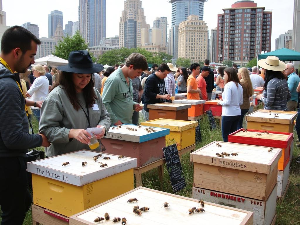 Immagina di partecipare a un evento di degustazione di miele urbano, circondato da api e alveari in un contesto cittadino Immagina di partecipare a un evento di degustazione di miele urbano, circondato da api e alveari in un contesto cittadino