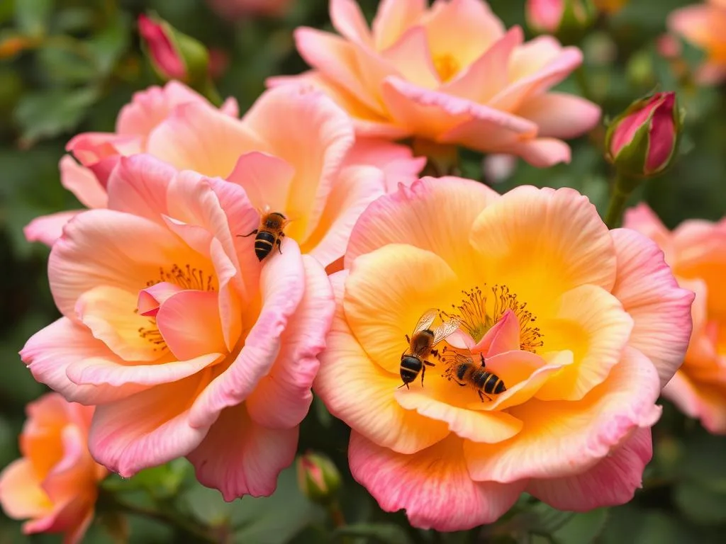 Immagina rose mellifere in fiore, con i loro petali aperti che invitano le api a raccogliere nettare. Immagina rose mellifere in fiore, con i loro petali aperti che invitano le api a raccogliere nettare.