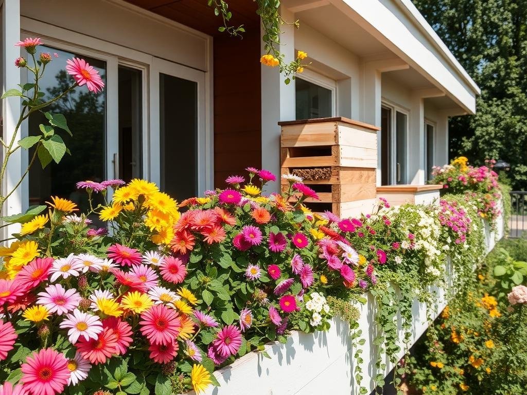 Immagina un balcone fiorito con arnie integrate, dove le api lavorano serene.