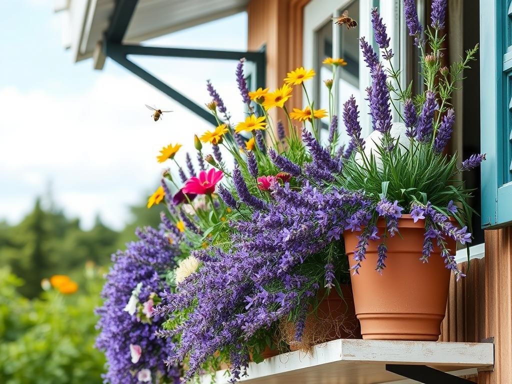 Immagina un balcone fiorito con piante come la lavanda e il rosmarino, ideali per attrarre le api.