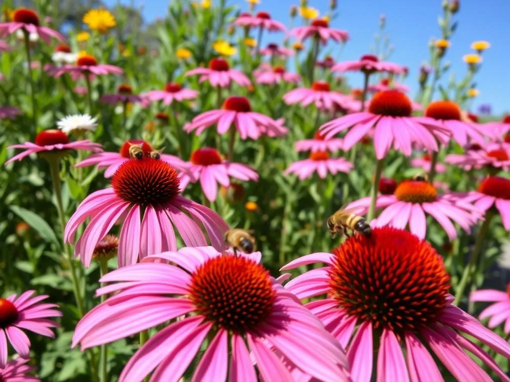 Immagina un giardino con echinacea in fiore, attirando le api Immagina un giardino con echinacea in fiore, attirando le api