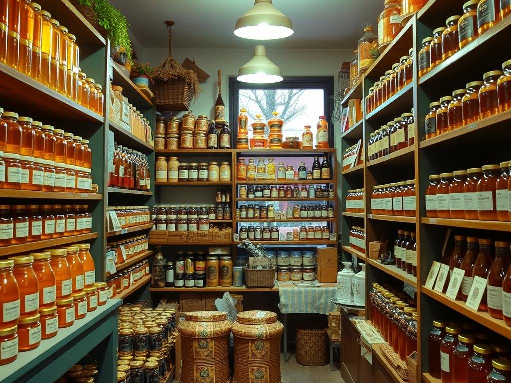 Immagina un negozio accogliente a Bologna con scaffali pieni di miele e altri prodotti dell'alveare.