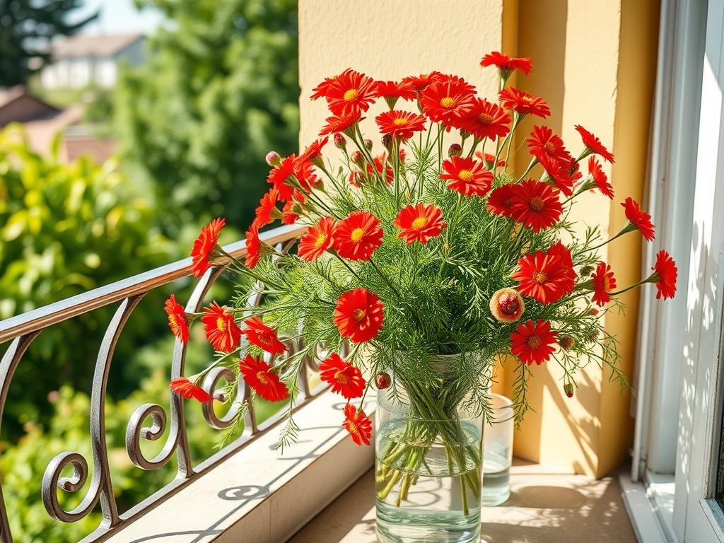 Immagina un vaso con achillea in fiore su un balcone soleggiato