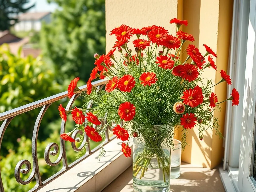 Immagina un vaso con achillea in fiore su un balcone soleggiato Immagina un vaso con achillea in fiore su un balcone soleggiato