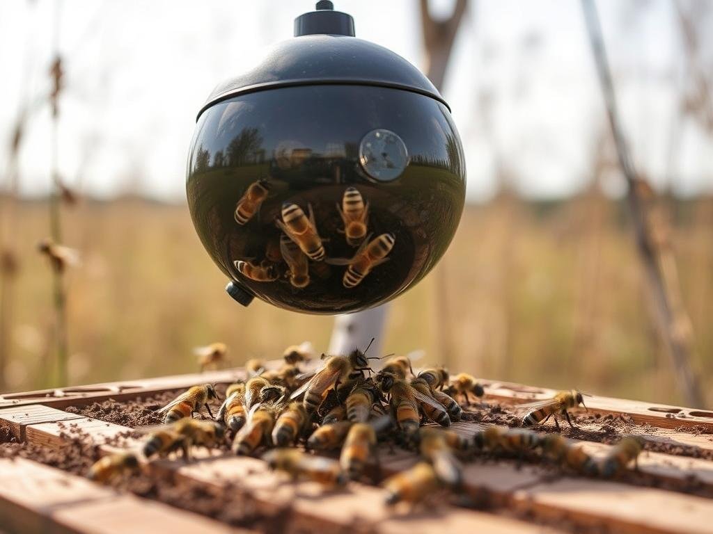 Immagina una Sfera Trap posizionata sopra un'arnia, catturando i calabroni con la sua esca proteica senza disturbare le api.