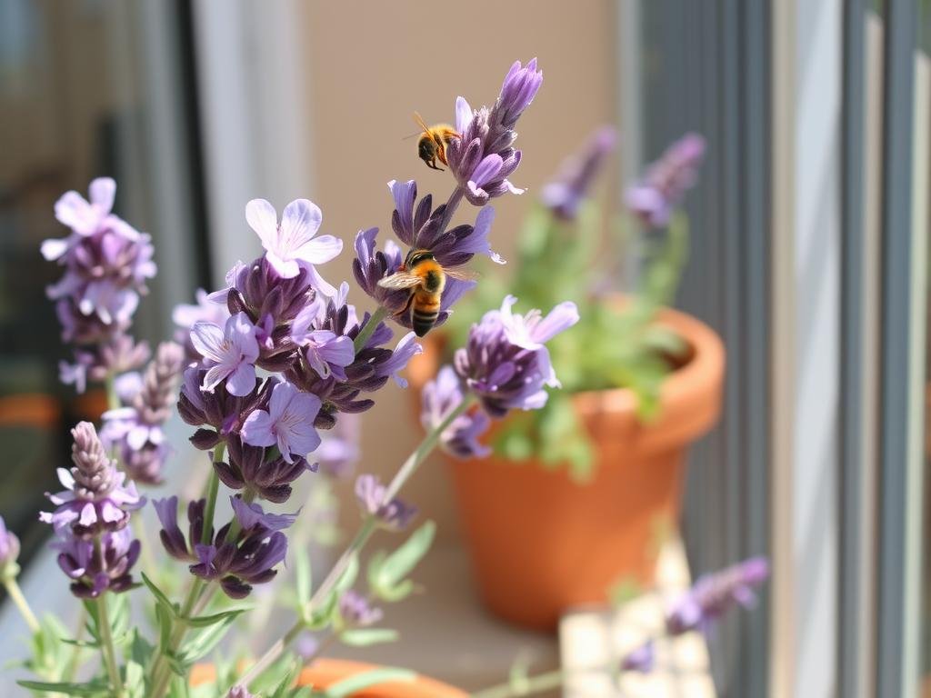 Immagina una pianta di lavanda fiorita in un balcone soleggiato, attirando api e altri impollinatori.