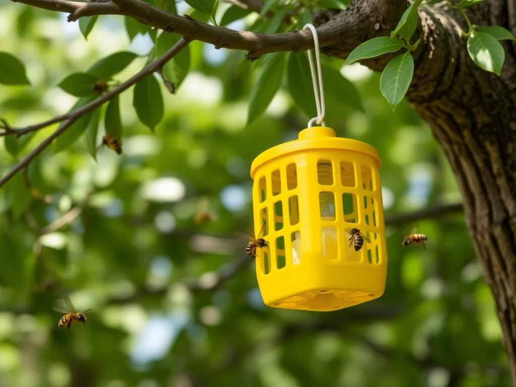 Immagina una trappola gialla intensa appesa a un albero, attirando i calabroni con il suo colore e l'odore dell'esca zuccherina.