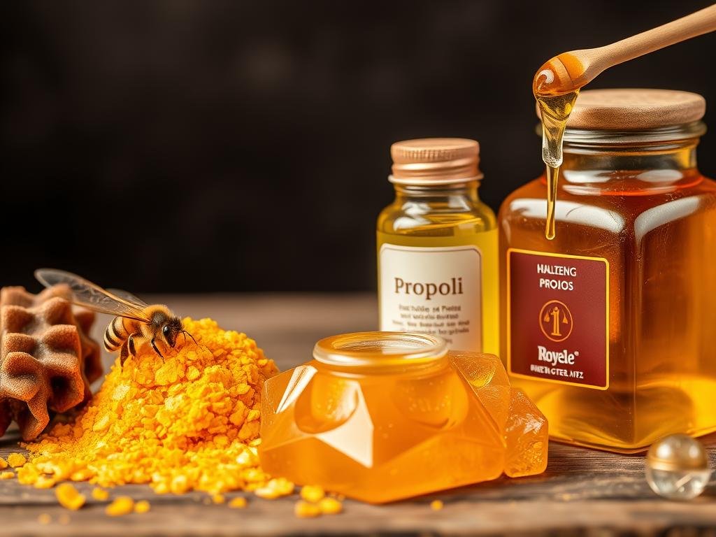 Immagina un'immagine che rappresenti i tre prodotti: polline, propoli e pappa reale.