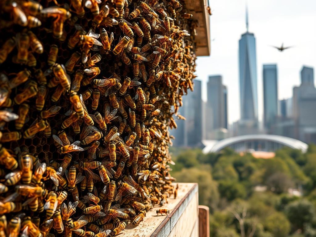 Immagina un'immagine di api che lavorano in un alveare urbano, con una città moderna sullo sfondo.