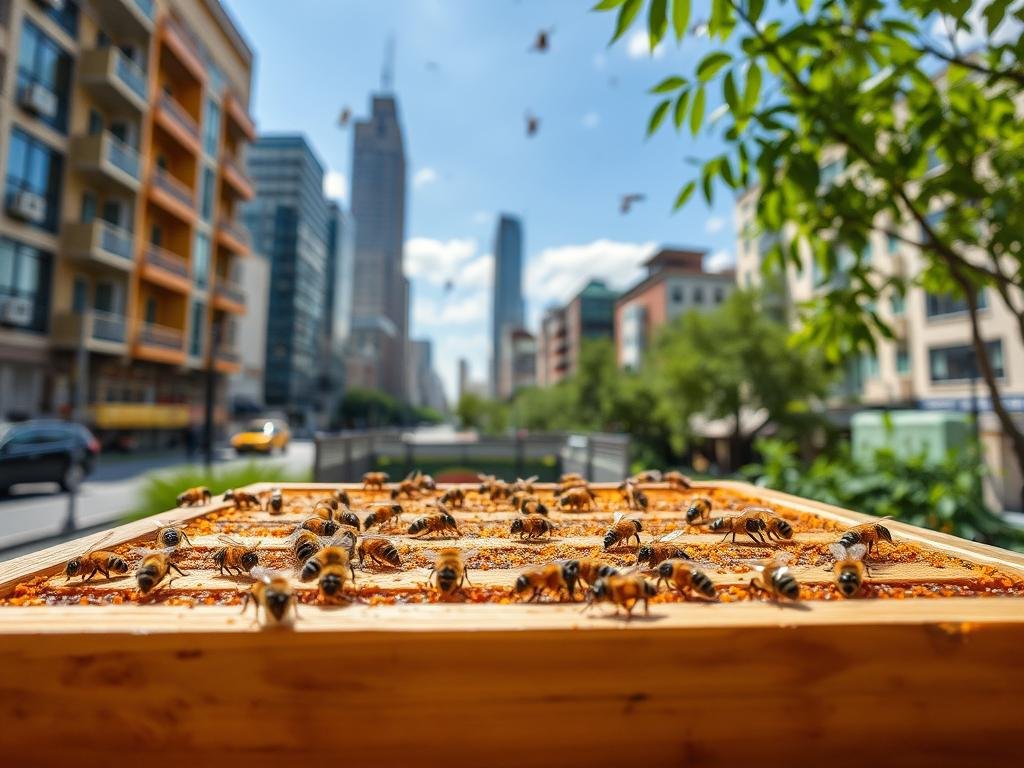 Immagina un'immagine di un apiario urbano con api che producono miele e altri prodotti di alta qualità.