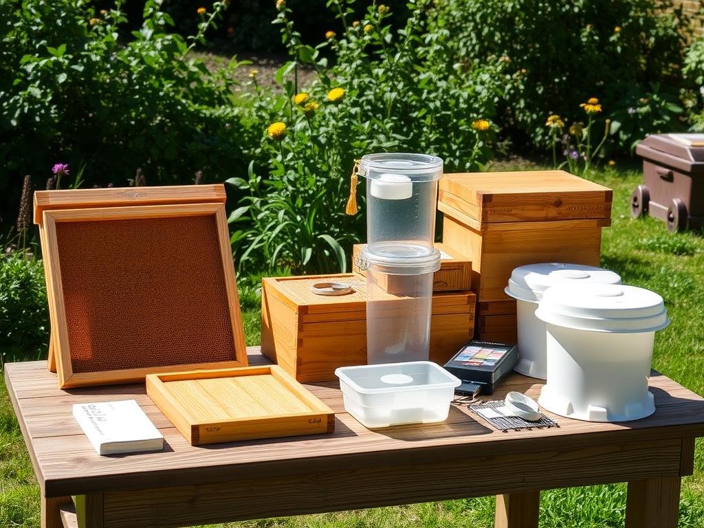 Immagine di accessori per l'apicoltura, come telaini, escludiregina e nutritori.