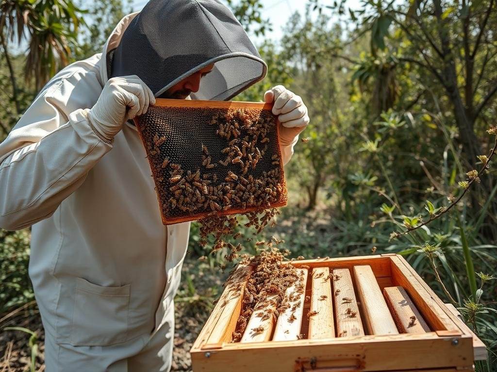 Immagine di apicoltore che crea uno sciame artificiale