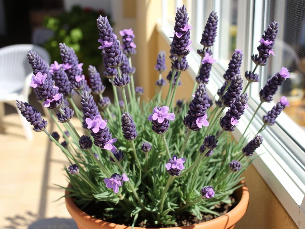 Immagine di lavanda in fiore in un vaso su un balcone soleggiato