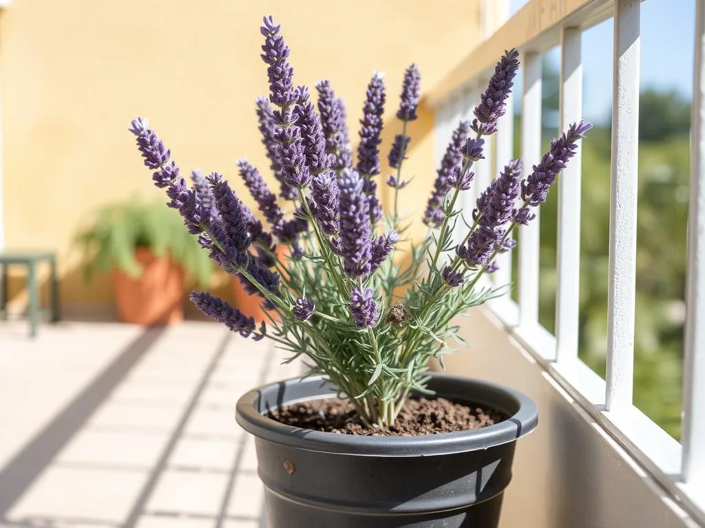 Immagine di lavanda in vaso su un balcone soleggiato Immagine di lavanda in vaso su un balcone soleggiato