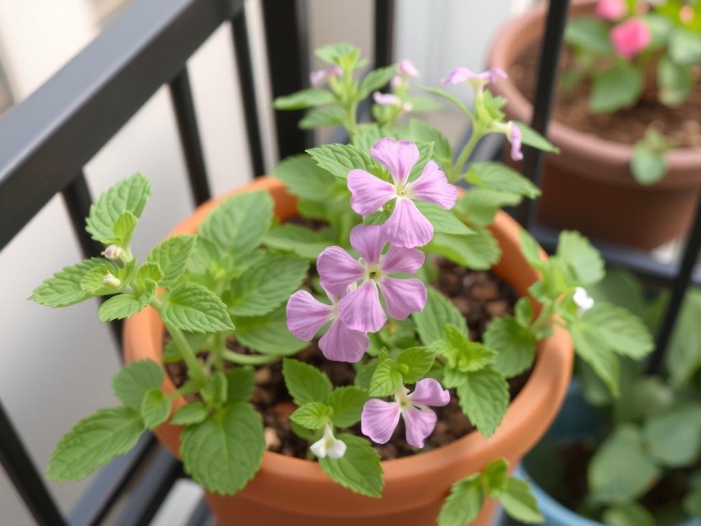 Immagine di menta in fiore in un vaso da balcone