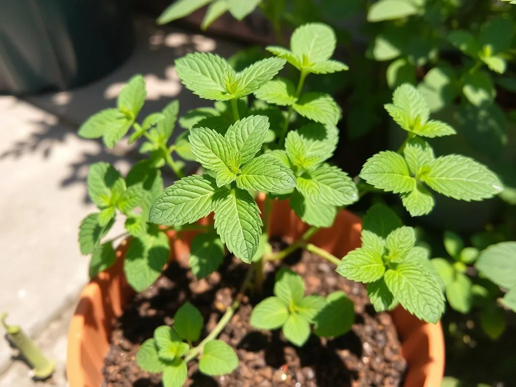 Immagine di menta in vaso in una zona ombreggiata Immagine di menta in vaso in una zona ombreggiata