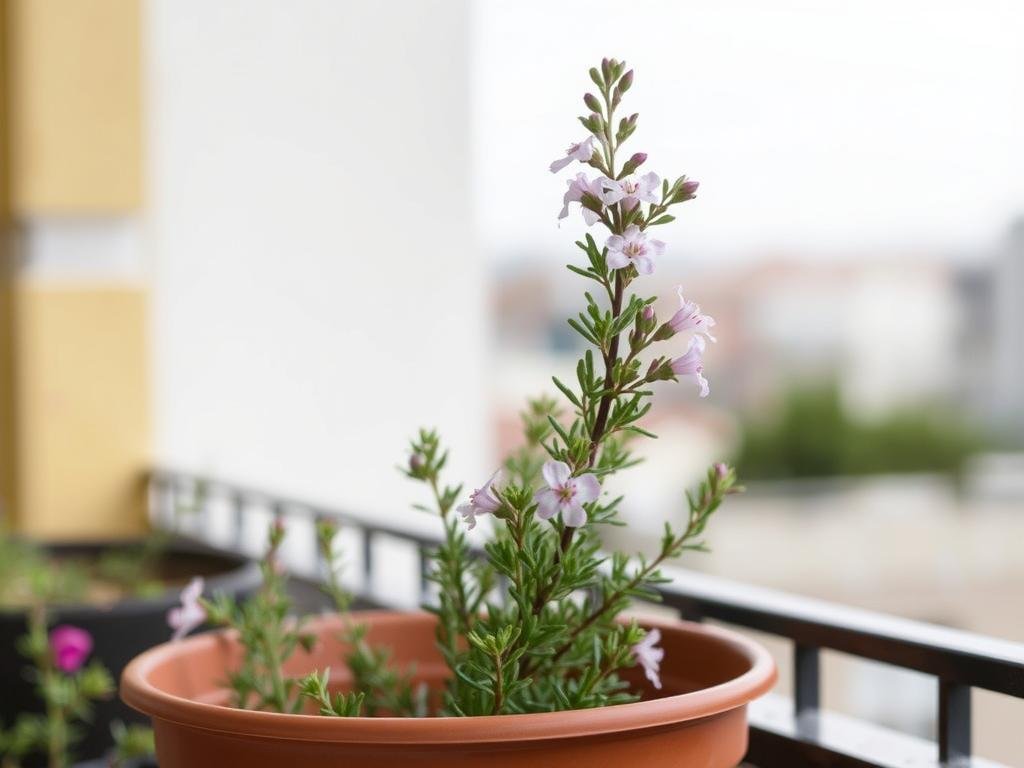 Immagine di rosmarino in fiore in un vaso da balcone