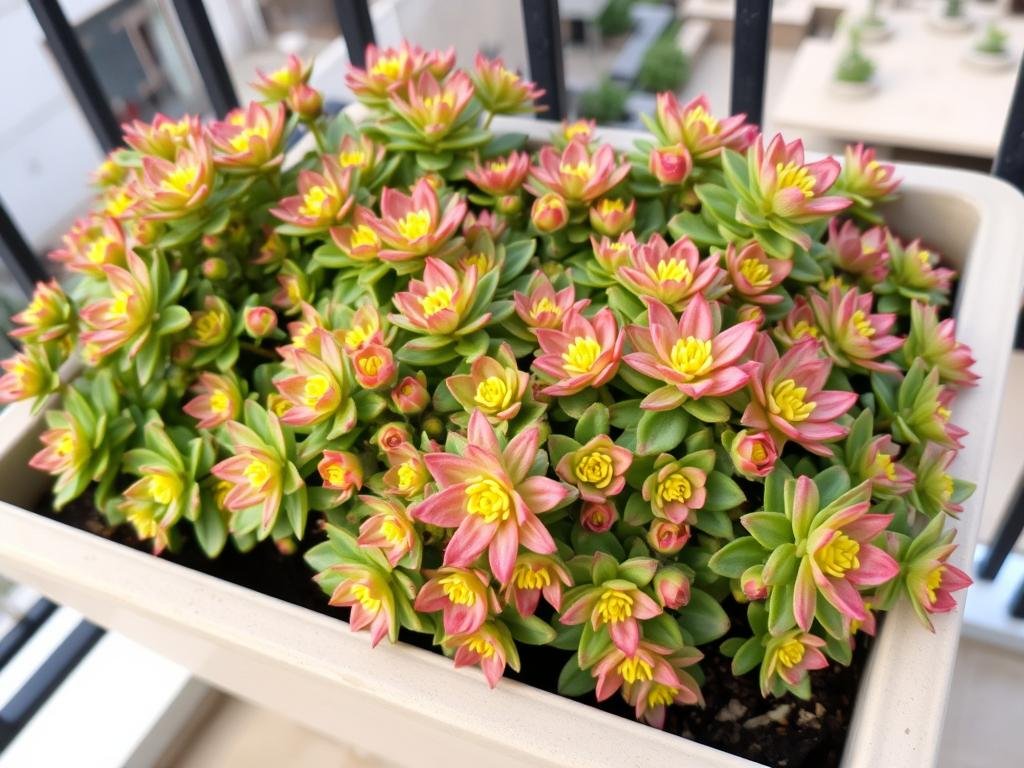 Immagine di sedum in fiore in un vaso da balcone