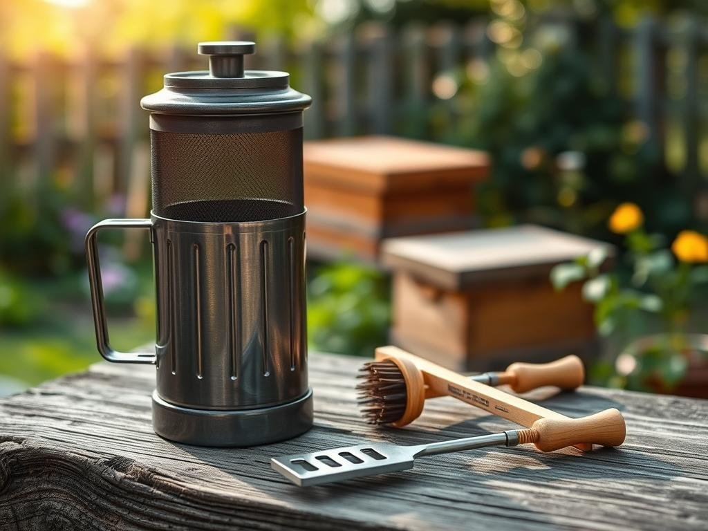 Immagine di un affumicatore e una leva per apicoltore Immagine di un affumicatore e una leva per apicoltore