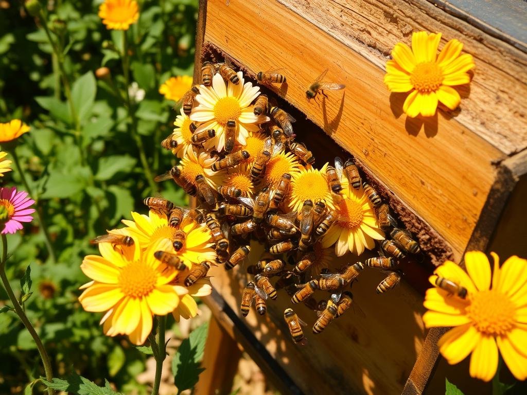 Immagine di un alveare con api che raccolgono nettare