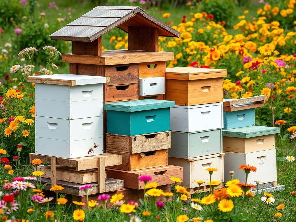 Immagine di un apiario con diverse tipologie di arnie Immagine di un apiario con diverse tipologie di arnie